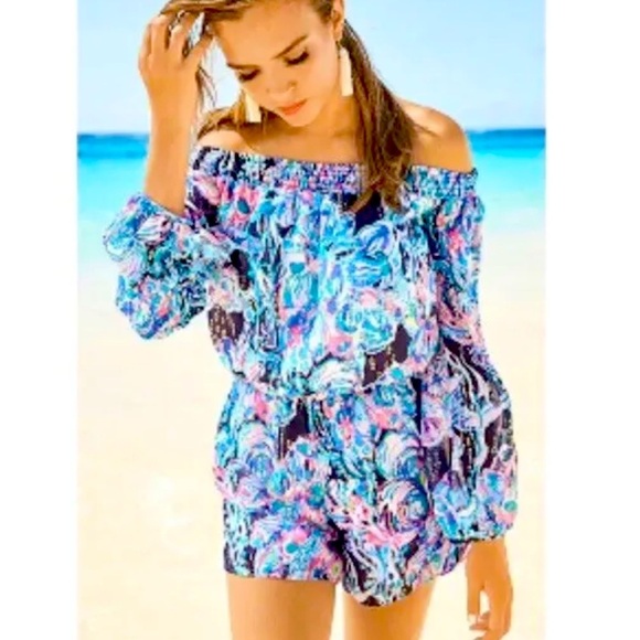 Lilly Pulitzer Myri ROMPER Silk MINI women’s XS Off The Shoulder Metallic Beach - Picture 1 of 16